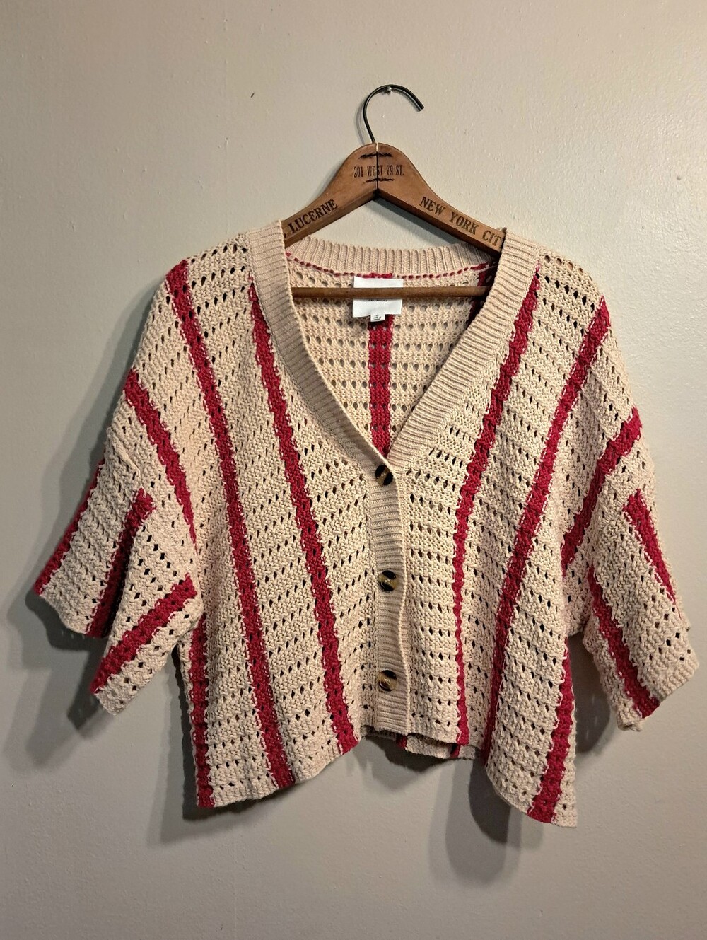 Le Lis Cream and Red Striped Open-Knit Cropped Button Cardigan